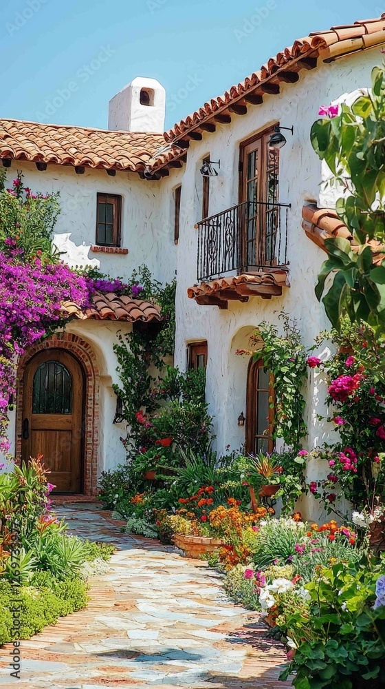 Fototapeta premium Vibrant Mediterranean Home with Stucco Walls and Colorful Garden