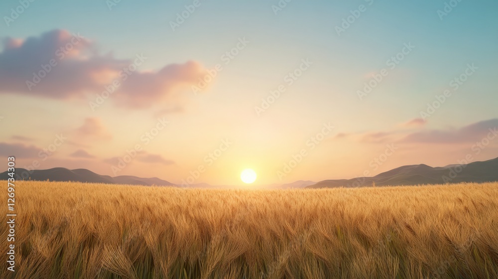 A golden wheat field swaying in the wind, stretching endlessly under the setting sun A golden wheat field swaying in the wind, stretching endlessly under the setting sun