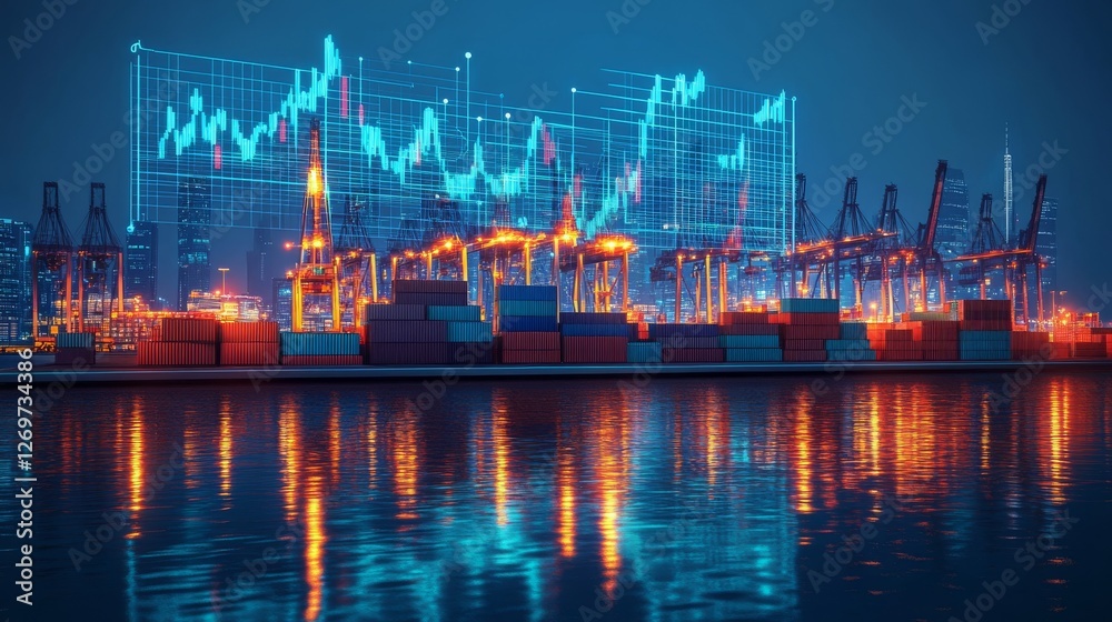 Obraz premium A modern seaport with cargo cranes and shipping containers, complete with a global communication overlay showing floating data graphs and analytics visualizations, all in a stylish industrial