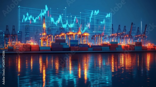 A modern seaport with cargo cranes and shipping containers, complete with a global communication overlay showing floating data graphs and analytics visualizations, all in a stylish industrial