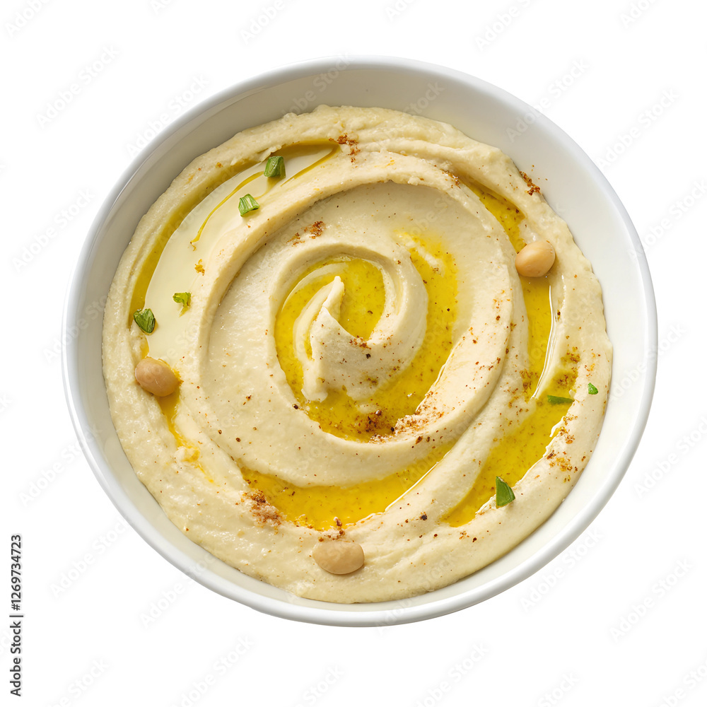 top view of A bowl of freshly made hummus with olive oil drizzle., isolated on a transparent background top view of A bowl of freshly made hummus with olive oil drizzle., isolated on a transparent background