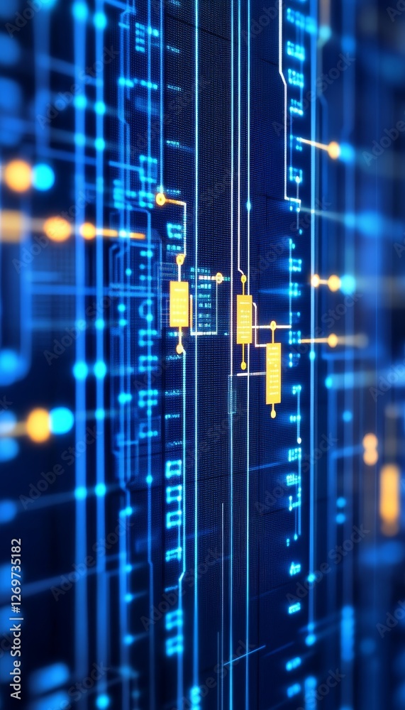 Fototapeta premium Neon Blue Data Flow, Abstract Tech Background, Glowing Lines, Circuit Board, Microchip, High-Tech.
