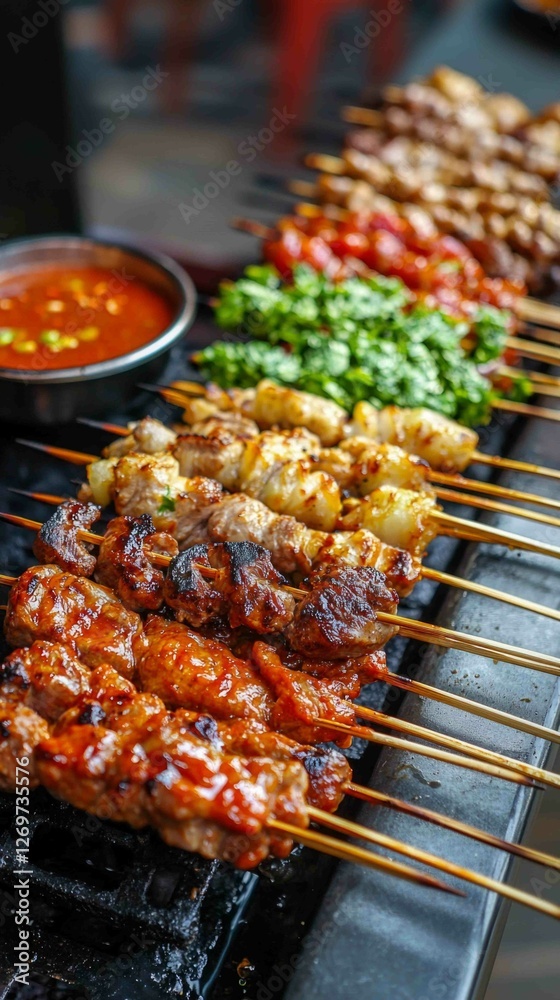 Colorful Street Food Scene Featuring Skewered Delicacies