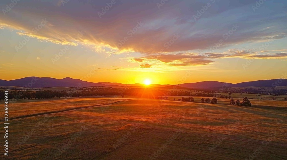 Fototapeta premium Vibrant Sunset Over Open Land with Golden Light and Smooth Sky