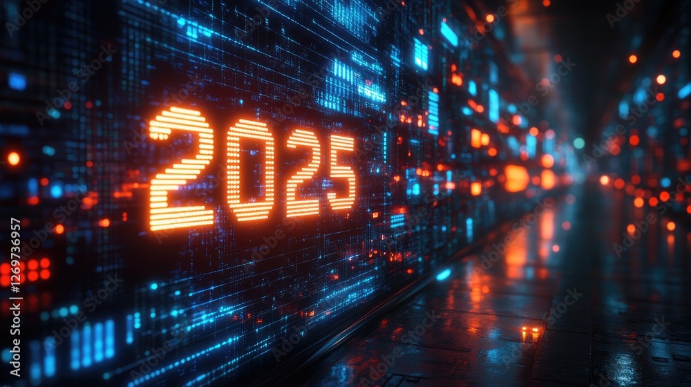 Futuristic digital landscape displaying the year 2025 in neon lights.