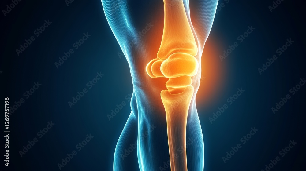 A detailed and exact 3D medical image of a knee joint, highlighting visible cartilage damage and a red-glowing area that represents inflammation and pain, appropriate for use in a healthcare clinic A detailed and exact 3D medical image of a knee joint, highlighting visible cartilage damage and a red-glowing area that represents inflammation and pain, appropriate for use in a healthcare clinic