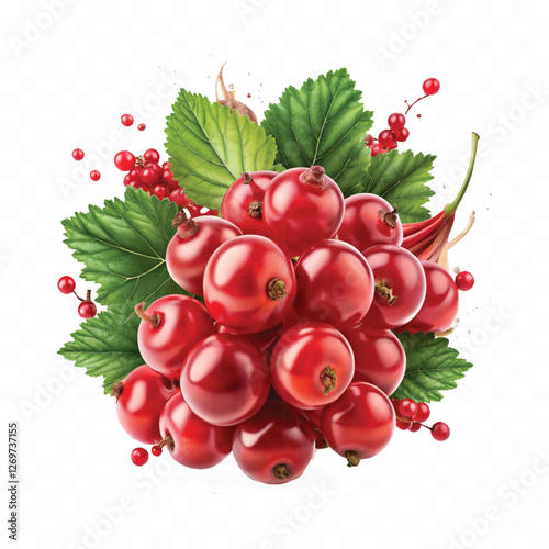 Realistic Detailed 3d Red Currant Berries with Splash Juice isolated on white background.