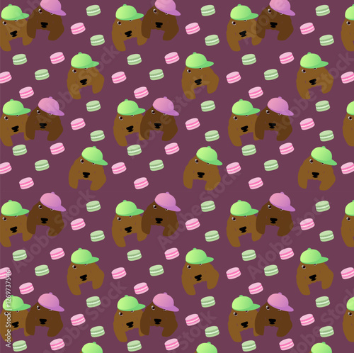seamless pattern with spaniel dogs and macaroons on purple background, vector illustration, eps 10