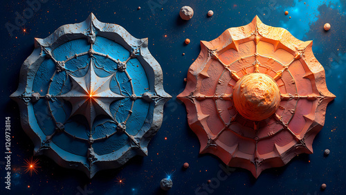 A collection of meteoric fragments arranged in precise geometric patterns, showcasing cosmic material shaped into mathematical art forms.