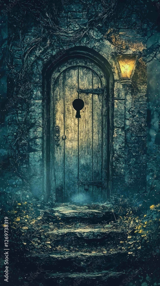 Fototapeta premium Whimsical Illustration of a Magical Door with Lantern and Nature