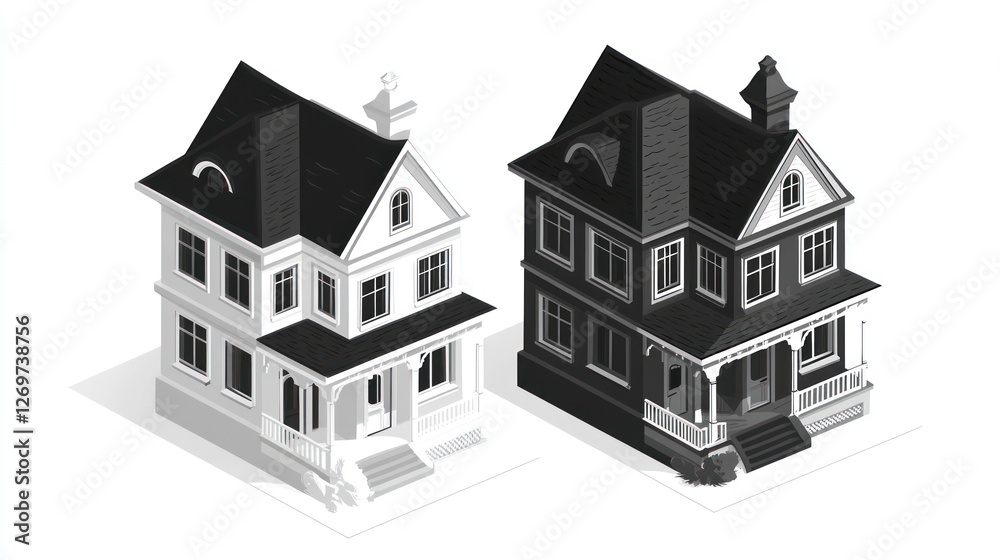 Isometric Victorian house, grayscale, architectural design, white and black, real estate illustration Isometric Victorian house, grayscale, architectural design, white and black, real estate illustration