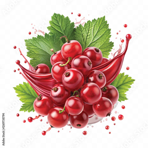Realistic Detailed 3d Red Currant Berries with Splash Juice isolated on white background.