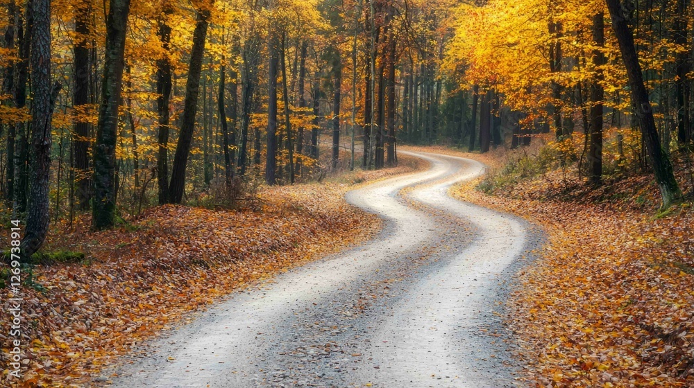 Obraz premium Winding Gravel Road Through Golden Autumn Forest