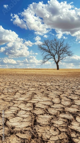 Windswept Prairie Landscape with Dry Cracked Earth and Tree photo