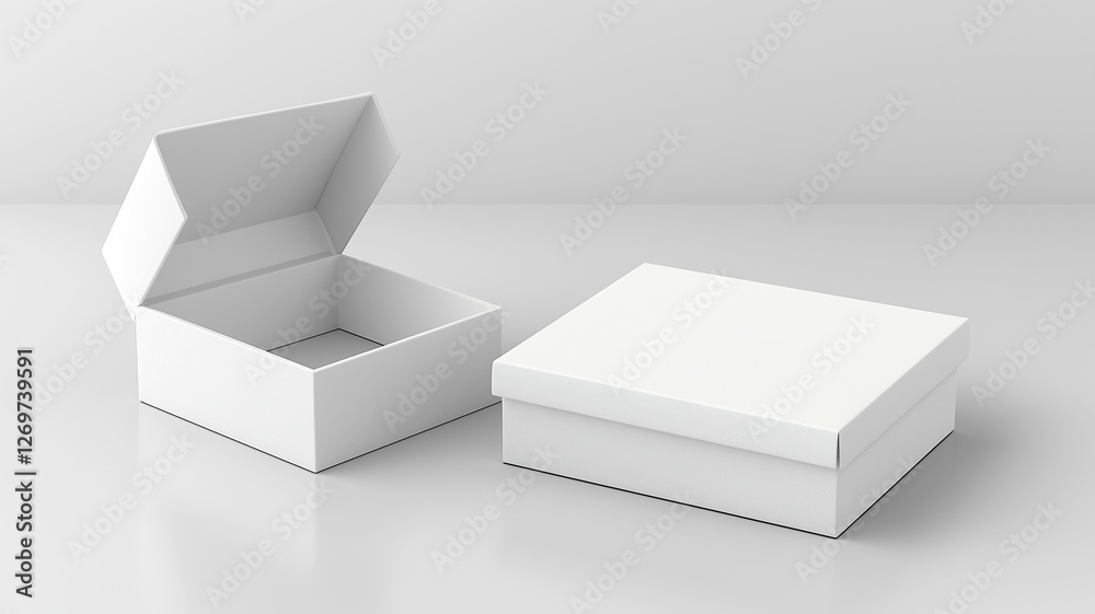 Two white cardboard boxes, one open and one closed, on a white background, symbolizing packaging, delivery, storage, and organization.
Two white cardboard boxes, one open and one closed, on a white background, symbolizing packaging, delivery, storage, and organization.