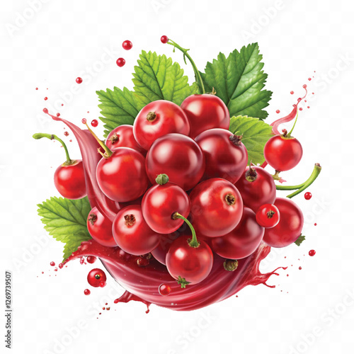 Realistic Detailed 3d Red Currant Berries with Splash Juice isolated on white background.