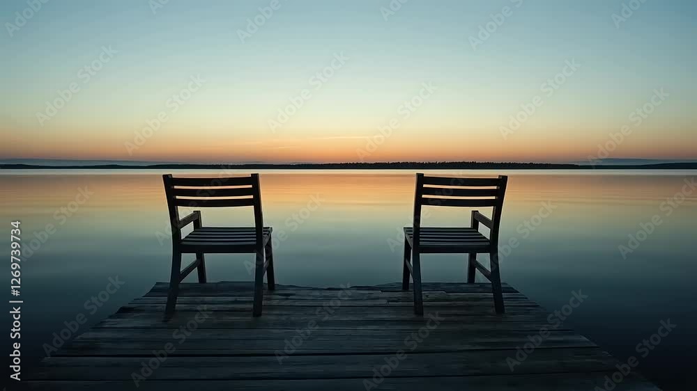 Two empty chairs on a serene wooden dock at sunset, overlooking a calm lake with vibrant colors Two empty chairs on a serene wooden dock at sunset, overlooking a calm lake with vibrant colors