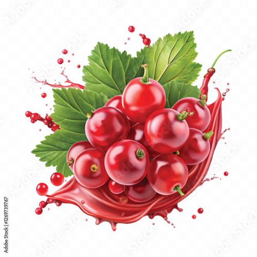 Realistic Detailed 3d Red Currant Berries with Splash Juice isolated on white background.