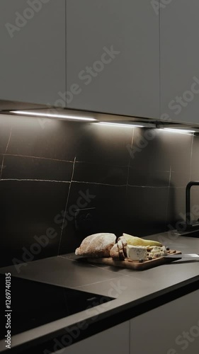 A black kitchen with a marble surface on which cheese, bread and grapes are flattering. 