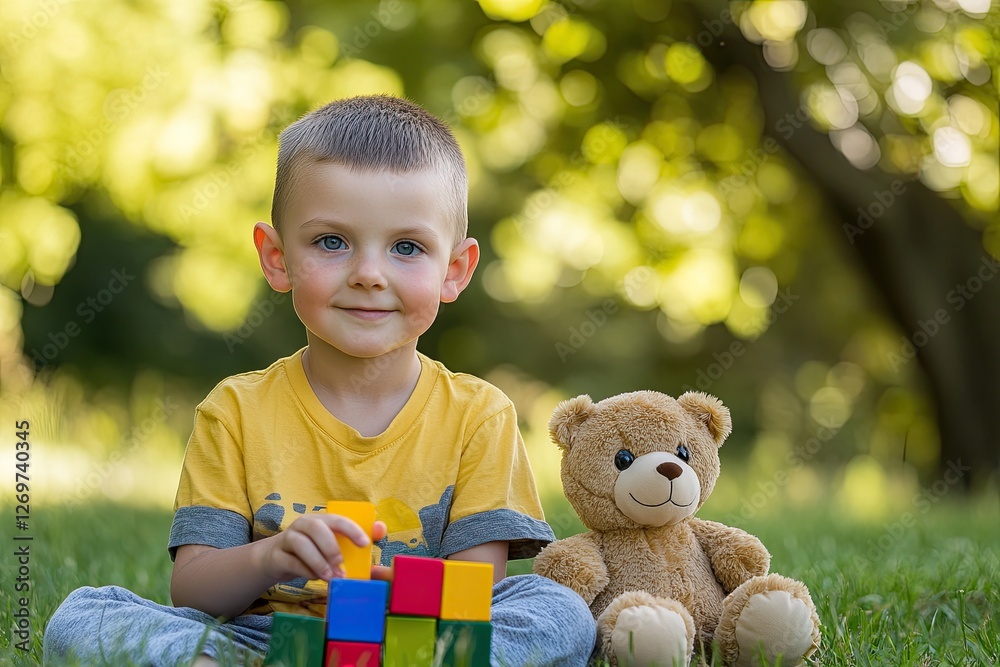 A cute little boy with short hair, wearing yellow and gray , sits on the green grass in an outdoor environment, playing with toys like cubes or teddy bears A cute little boy with short hair, wearing yellow and gray , sits on the green grass in an outdoor environment, playing with toys like cubes or teddy bears