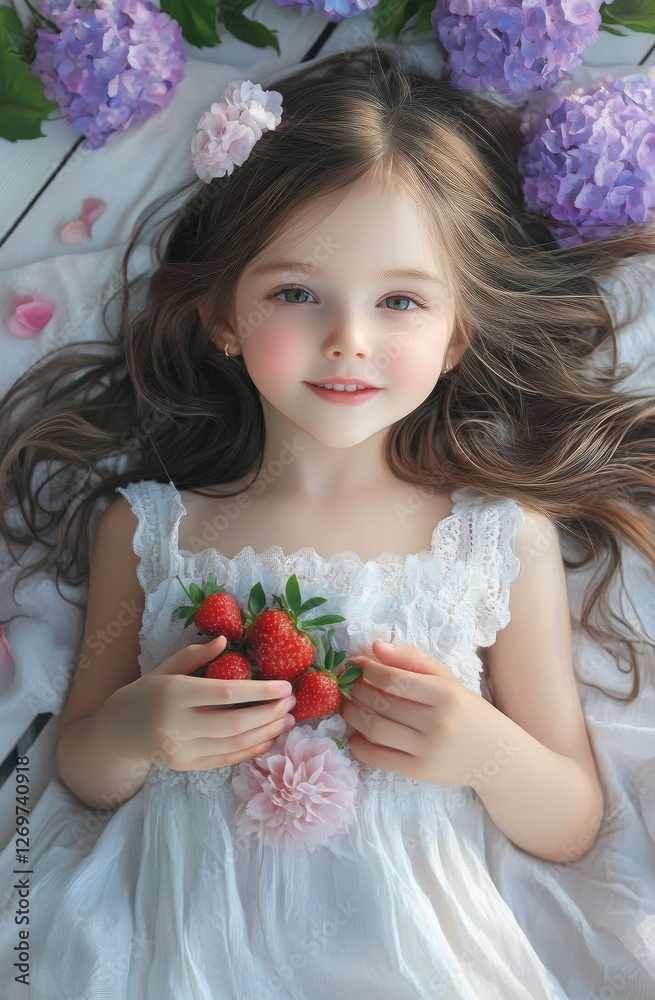 A cute little girl with long hair, wearing a white short-sleeved shirt and sitting on the grass in front of lilac flowers next to her A cute little girl with long hair, wearing a white short-sleeved shirt and sitting on the grass in front of lilac flowers next to her