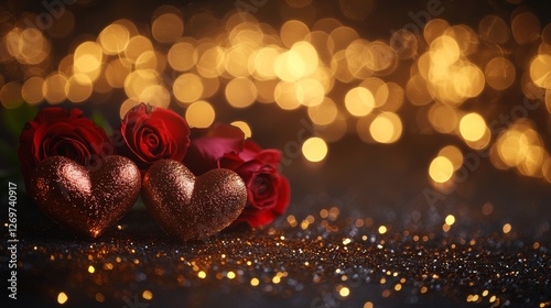 Smooth surface adorned with heart-shaped, glossy chocolate pralines, elegantly complemented by softly focused red roses in the background