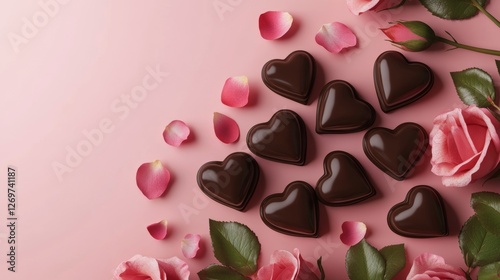Elegant heart-shaped chocolate pralines, artfully placed on a marble surface, set against a blurred backdrop of candlelight and red roses, evoking a sense of love and sophistication