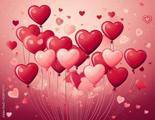 a bunch of balloons with hearts on them are floating on a pink background