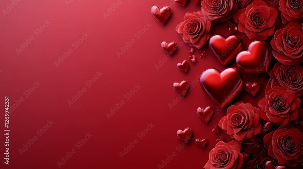 A chic and understated Valentine's Day flat lay design showcasing a vibrant red background, sophisticated golden heart ornaments, premium chocolates, and delicate roses A chic and understated Valentine's Day flat lay design showcasing a vibrant red background, sophisticated golden heart ornaments, premium chocolates, and delicate roses