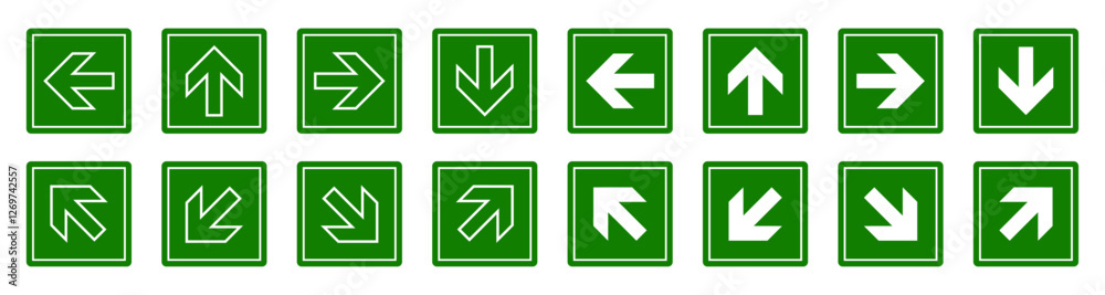 Set of emergency exit directional sign. Set of arrows pointing in different direction. Green directional banners with white arrows. Vector illustration. Set of emergency exit directional sign. Set of arrows pointing in different direction. Green directional banners with white arrows. Vector illustration.