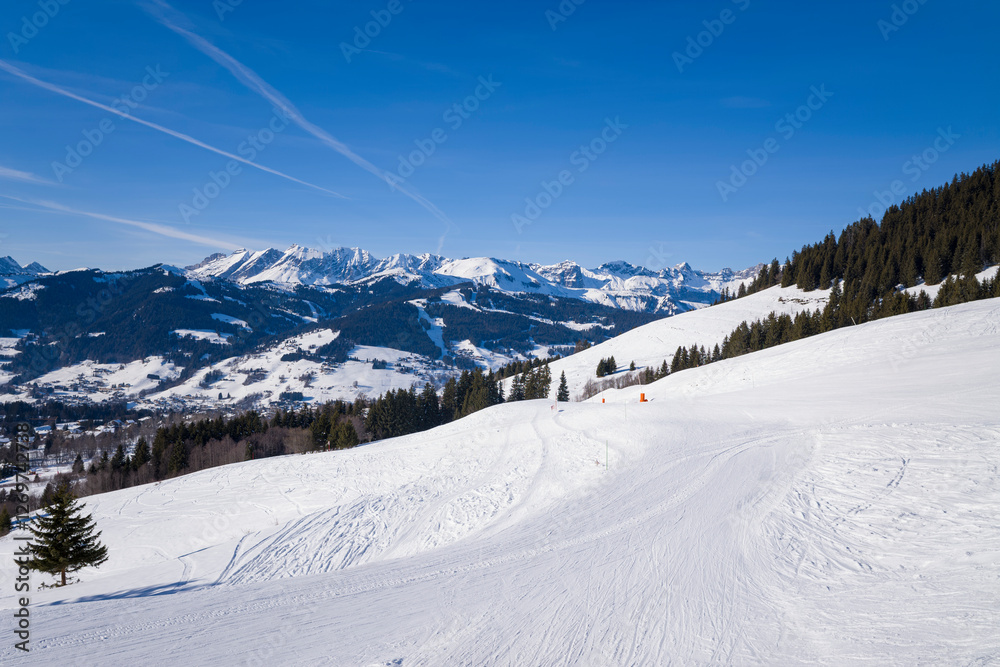 Obraz premium The ski slope in Megeve in Europe, France, Auvergne Rhone Alpes, Haute Savoie, Megeve, in summer, on a sunny day.