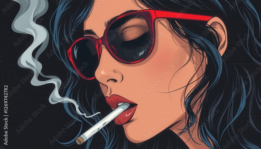 Fototapeta premium Pop Art Woman with Red Sunglasses and Cigarette Smoke on Black Background