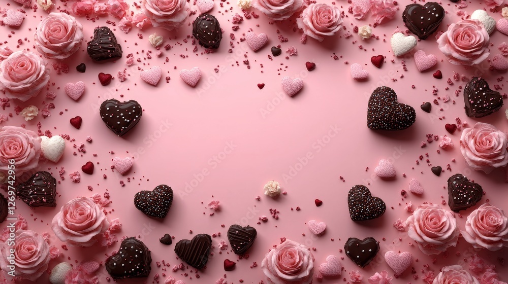 A Valentine's Day flat lay with a romantic touch, showcasing heart-shaped candles, elegant red roses, and a saucer of fine chocolates A Valentine's Day flat lay with a romantic touch, showcasing heart-shaped candles, elegant red roses, and a saucer of fine chocolates