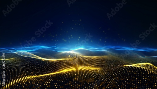blue yellow digital particle wave and light background cyber or technology background