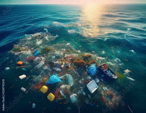 various rubbish and garbage mostly plastic floating on sea surface view from above ocean great garbage patch concept generative ai
