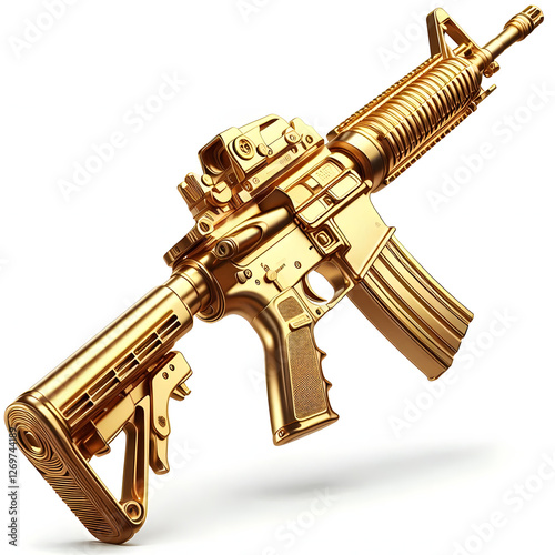 A 3D M16 golden gun with detail , Isolated on a white background