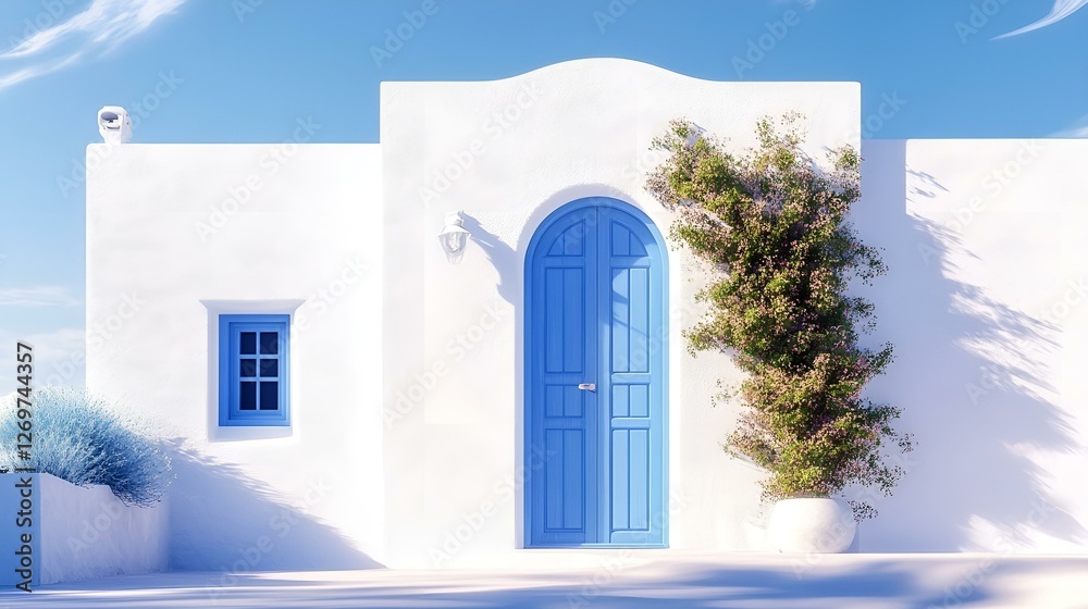 Fototapeta premium Minimalist white Mediterranean house with blue door and window under bright sunlight and clear sky
