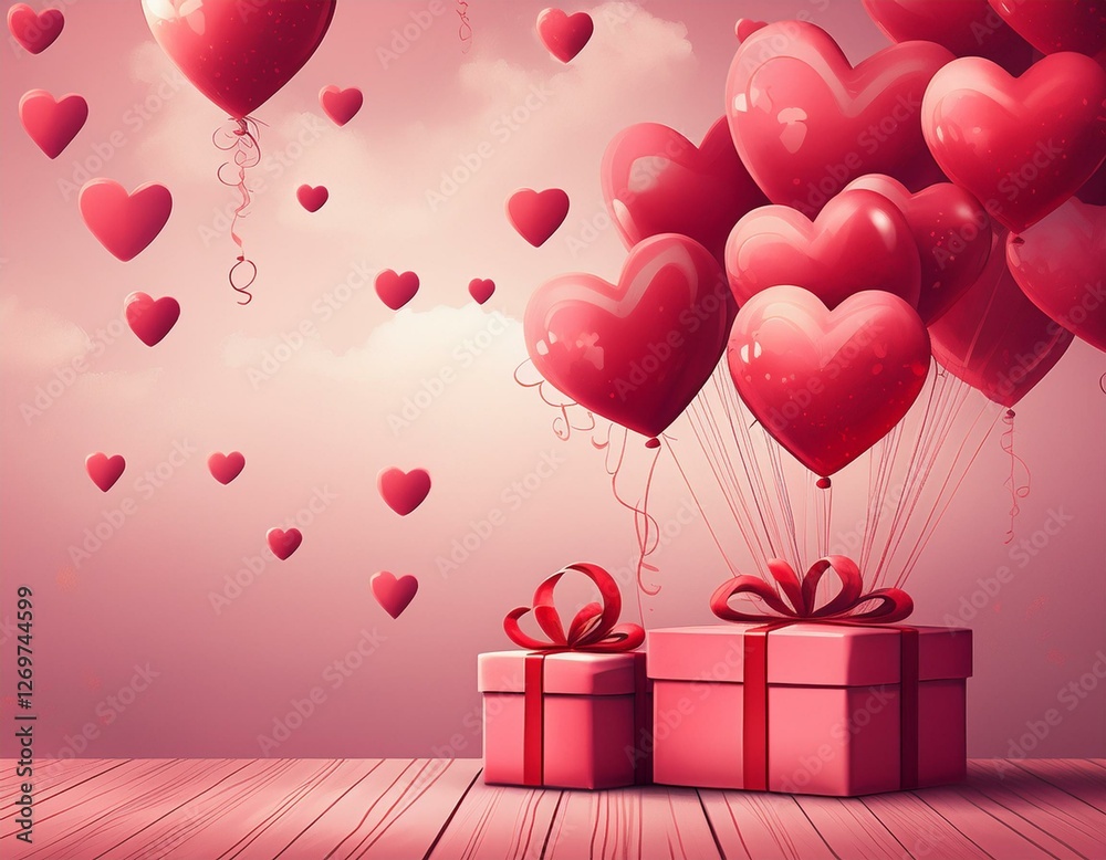 a bunch of red balloons with hearts on them are floating above two pink boxes