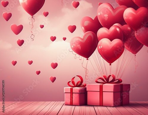 a bunch of red balloons with hearts on them are floating above two pink boxes
