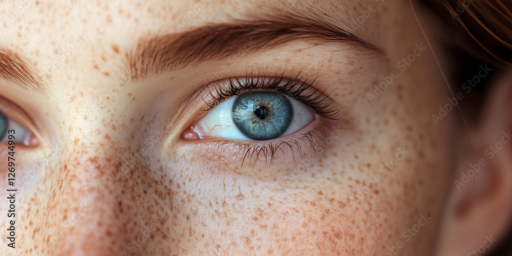 Woman's face with freckles or age spots, close up