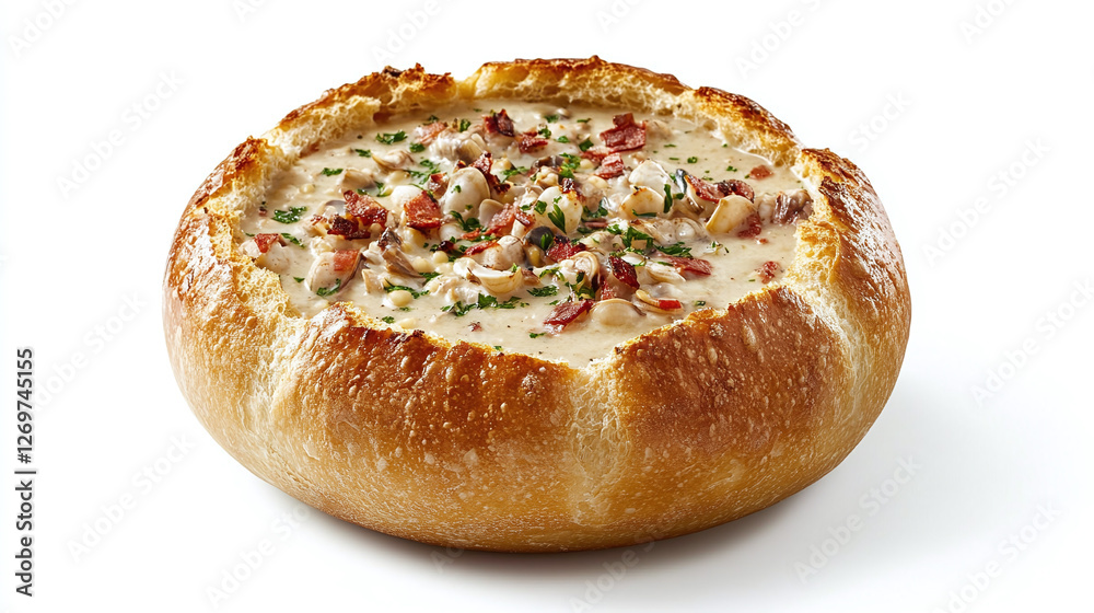 Bundle of clam chowder soups in a sourdough bread bowl isolated on white background. Bundle of clam chowder soups in a sourdough bread bowl isolated on white background.