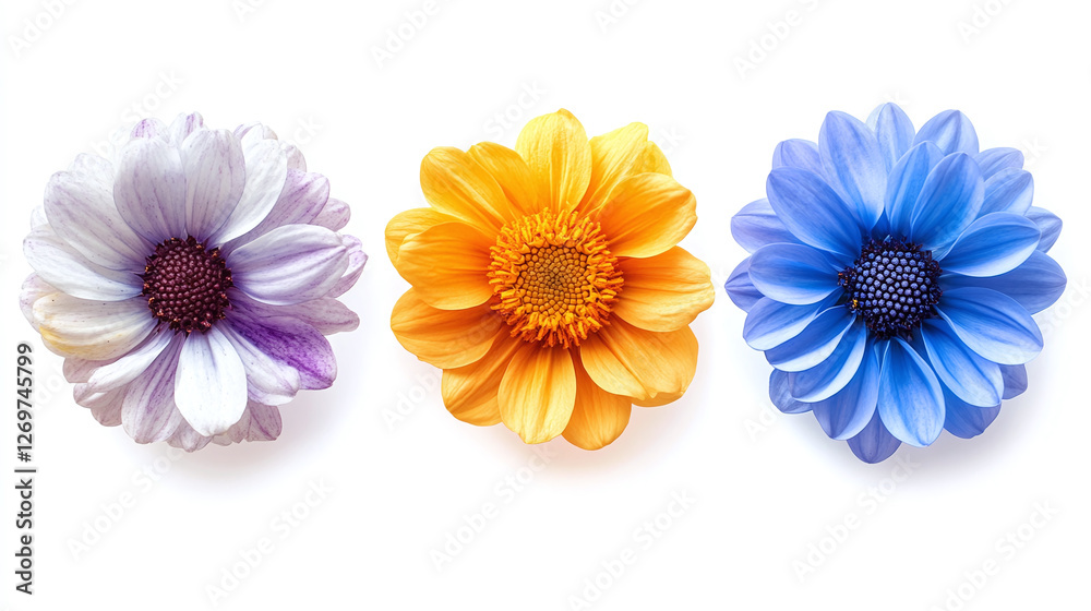 Colourful flower blossom collection, four colour bundle (blue, yellow, orange, violet) isolated on white background as white jpg, Colourful flower blossom collection, four colour bundle (blue, yellow, orange, violet) isolated on white background as white jpg,