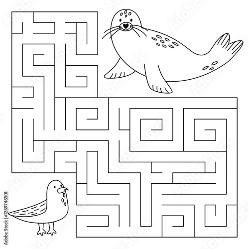 Animal maze game for kids. Cute seagull looking for a way to the seal. Printable worksheet with solution for school and preschool. Vector cartoon illustration. 