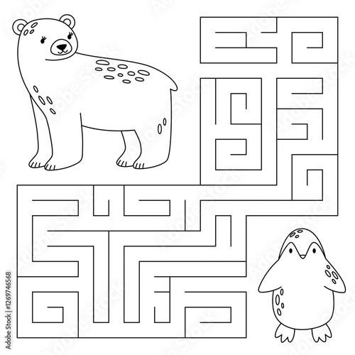 Animal maze game for kids. Cute polar bear looking for a way to the penguin. Printable worksheet with solution for school and preschool. Vector cartoon illustration. 
