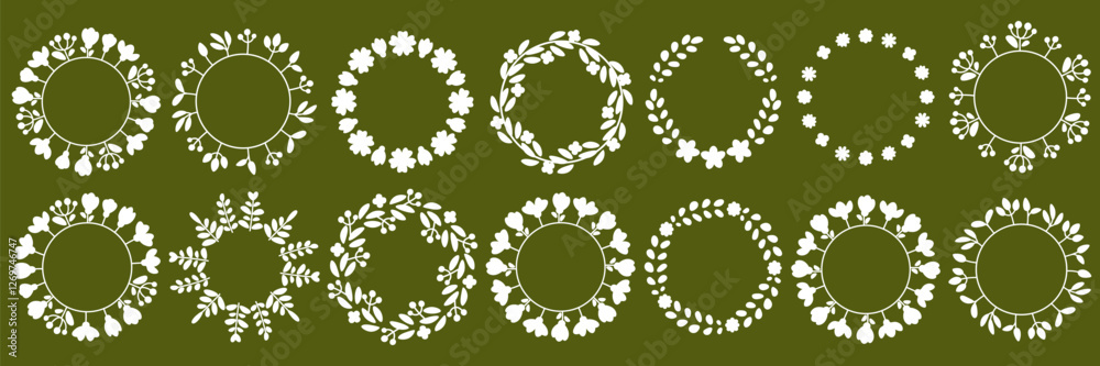 Large set of drawn botanical round frames, floral wreaths. Spring, summer wreaths, clip art for postcards. Logo. Wedding laurel wreaths for invitation card. Large set of drawn botanical round frames, floral wreaths. Spring, summer wreaths, clip art for postcards. Logo. Wedding laurel wreaths for invitation card.