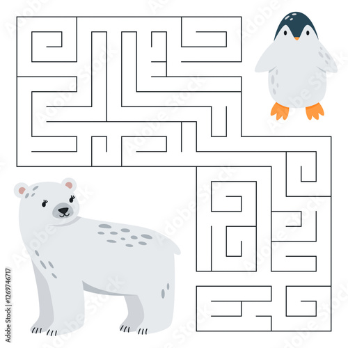 Animal maze game for kids. Cute polar bear looking for a way to the penguin. Printable worksheet with solution for school and preschool. Vector cartoon illustration. 