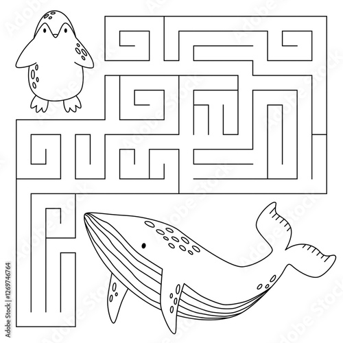 Animal maze game for kids. Cute whale looking for a way to the penguin. Printable worksheet with solution for school and preschool. Vector cartoon illustration. 