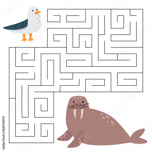 Animal maze game for kids. Cute seagull looking for a way to the seal. Printable worksheet with solution for school and preschool. Vector cartoon illustration. 