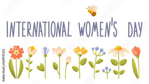 Banner for International Women's Day with text, flowers of different colors on a stem with green leaves and a bee on a white background. Flyer, postcard, banner for March 8 with flowers, spring decor.