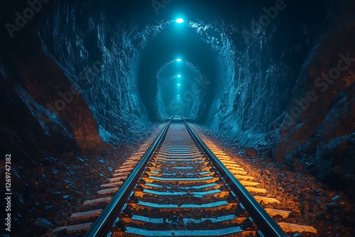 Fototapeta Naklejka Na Ścianę i Meble -  Mystical Train Tracks in a Deep Underground Tunnel
